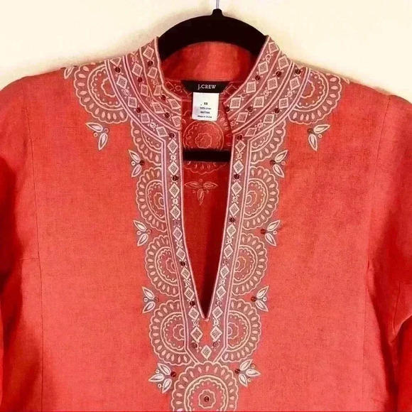 J. Crew Coral Embroidered Embellished V-Neck Linen Kimono Tunic Top Size XS - Picture 2 of 12